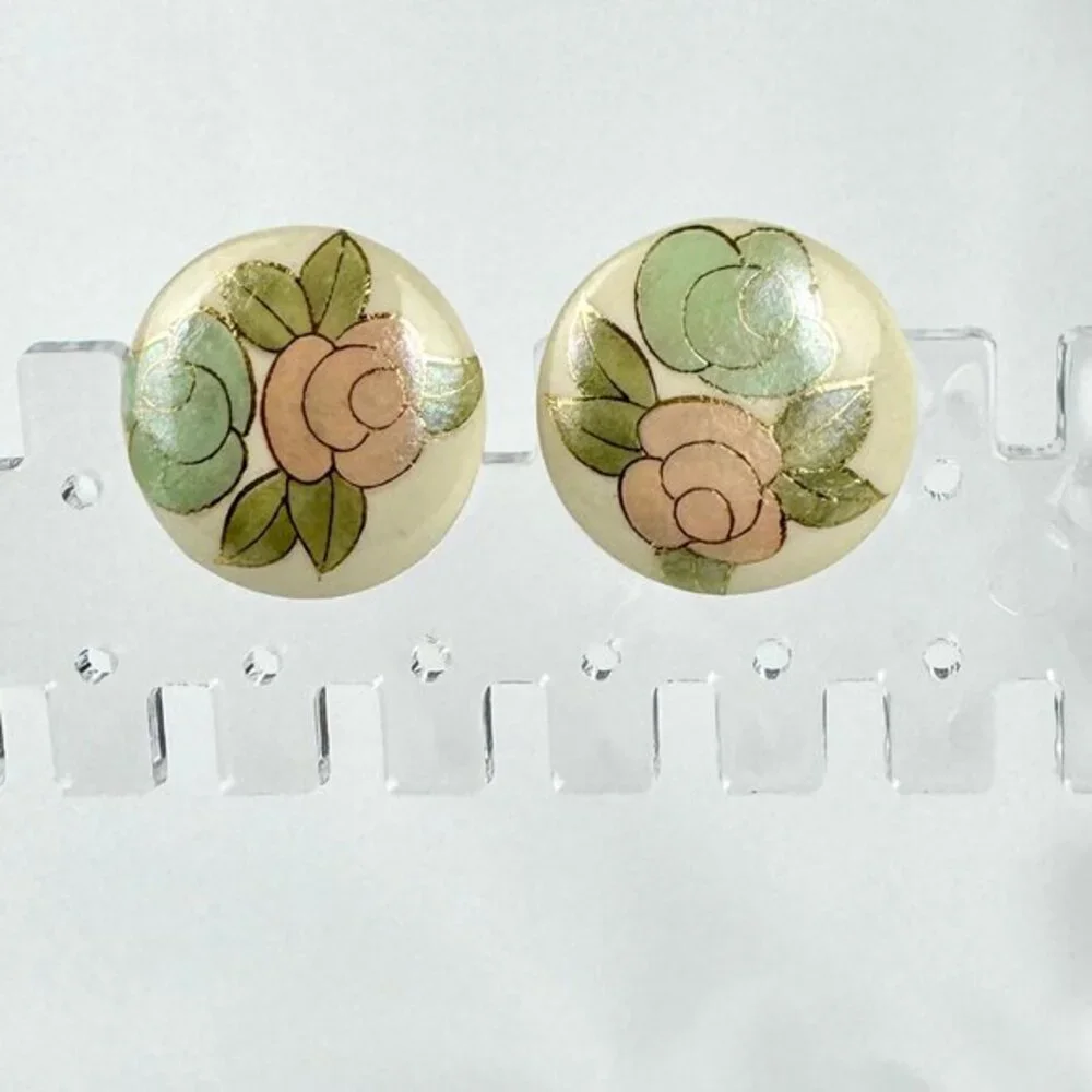 Hand-Painted Floral Round Stud Earrings - Pink & Mint